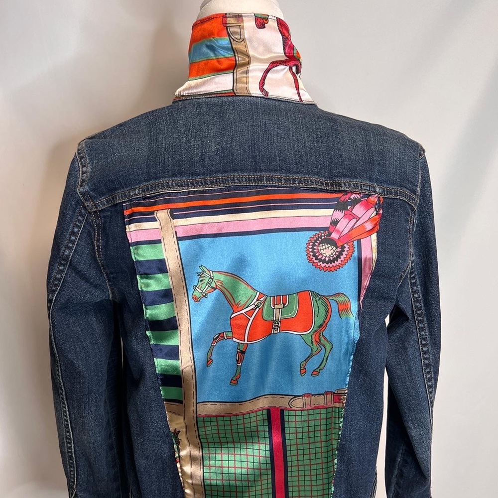Classic custom denim jacket with a silk scarf on back, collar and cuffs.